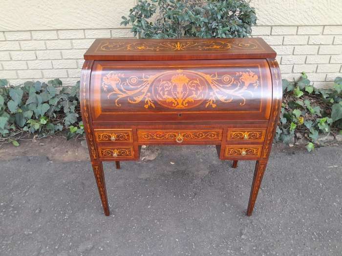 A 20th Century Rosewood And Inlaid Marquetry Cylinder Desk With Pull Out Writing Section