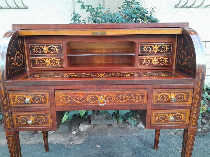 A 20th Century Rosewood And Inlaid Marquetry Cylinder Desk With Pull Out Writing Section