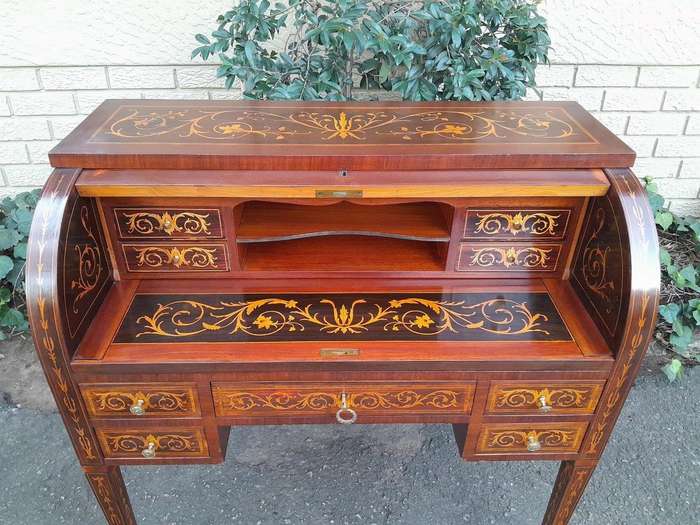 A 20th Century Rosewood And Inlaid Marquetry Cylinder Desk With Pull Out Writing Section