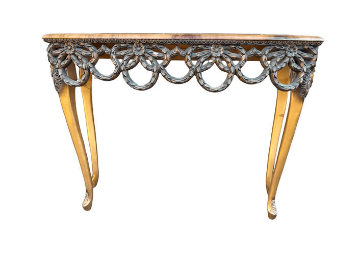 A Mid 20th Century / Circa 1950 Gilt Console Table with Decorative Faux Marble Top