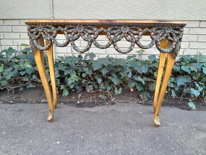 A Mid 20th Century / Circa 1950 Gilt Console Table with Decorative Faux Marble Top