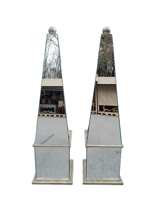 A Pair of Designer Mirror and Antique Gold Coloured Iron Ball and Detail Obelisks, Custom-made fo...