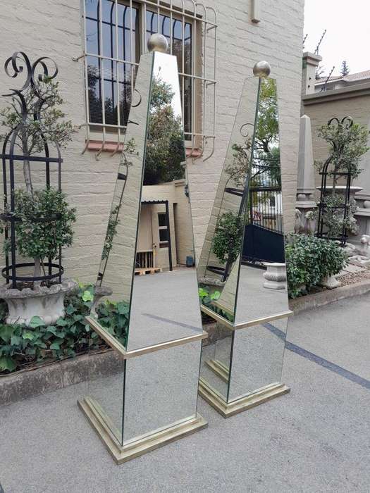 A Pair of Designer Mirror and Antique Gold Coloured Iron Ball and Detail Obelisks, Custom-made fo...