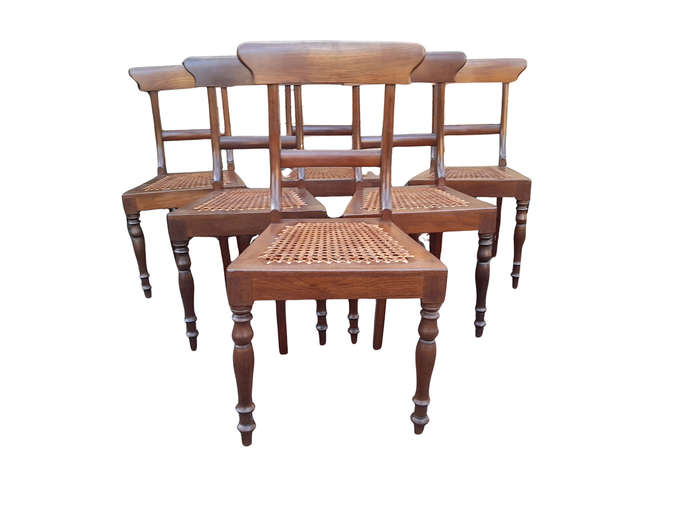 An Antique Set Of Six Cape Stinkwood Regency Chairs With Rattan Seats