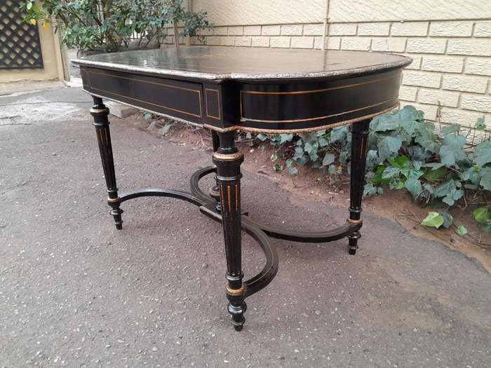 An Antique Victorian Ebonised and with Brass and Mother of Pearl Inlay Table with Drawer