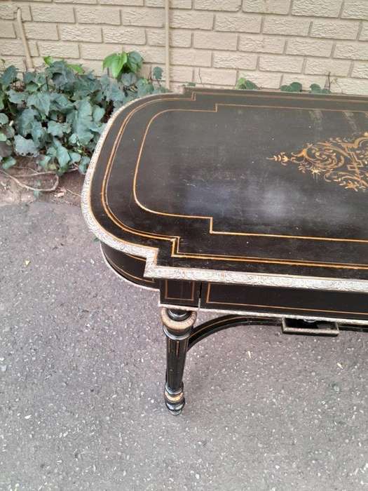 An Antique Victorian Ebonised and with Brass and Mother of Pearl Inlay Table with Drawer