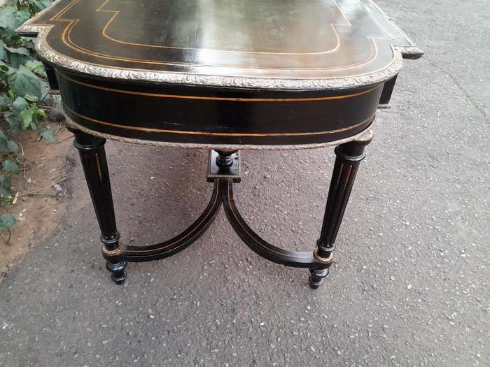 An Antique Victorian Ebonised and with Brass and Mother of Pearl Inlay Table with Drawer