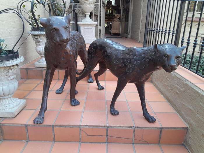 A Rare Pair Of Bronze Cheetah In Figurines Pair In A Patinated Finish ND