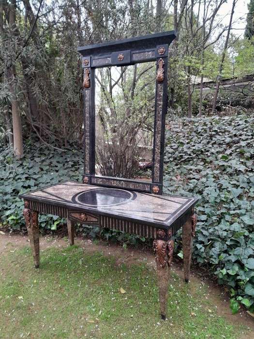 A 20TH Set of Century Maitland Smith Console Table and Mirror with Inlaid Stone Design