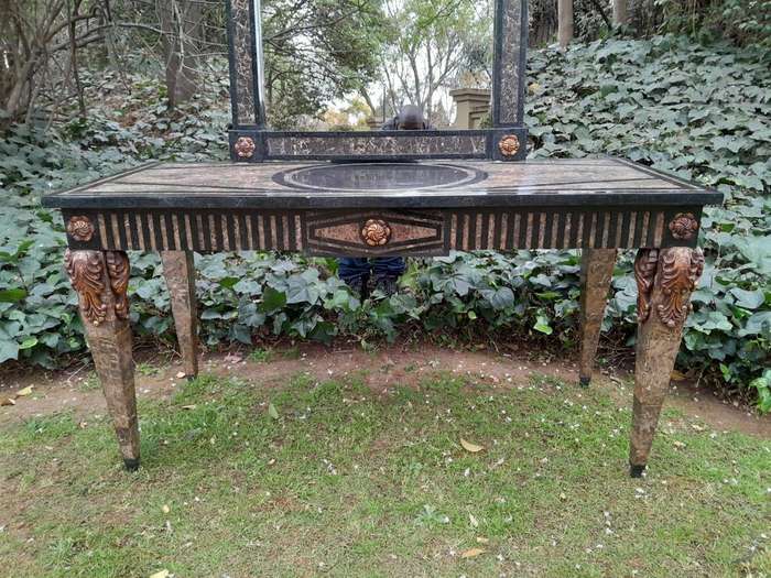 A 20TH Set of Century Maitland Smith Console Table and Mirror with Inlaid Stone Design