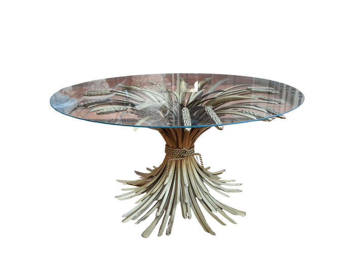A 20th Century Rare Sculptured Iron Table Base in an Antique Gold Finish with Bevelled Glass Top ...