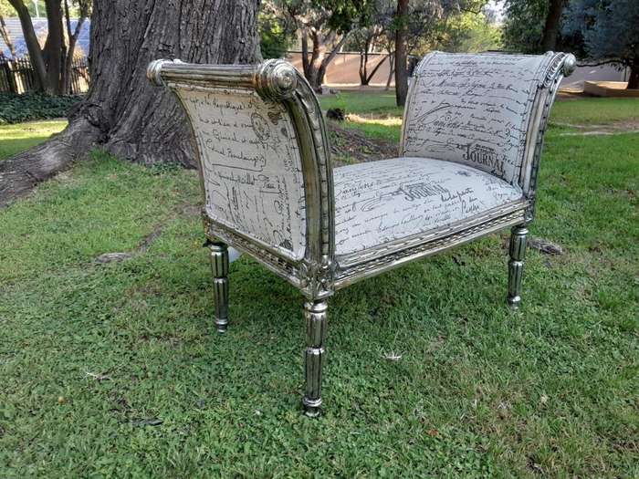 A French Style Window Bench / Seat In Silver Gilt And Upholstered In Ticking / Pinstripe Fabric