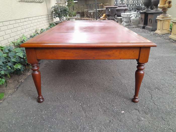 An Antique 19th Century Massive Wooden Library Table / Desk With Tooled and Inlaid Leather