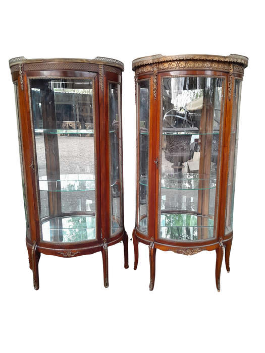 A Rare Near Pair of 20th Century French Style Vitrine / Display Demi Lune Cabinets With Brass Gal...