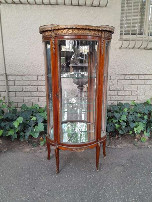 A Rare Near Pair of 20th Century French Style Vitrine / Display Demi Lune Cabinets With Brass Gal...