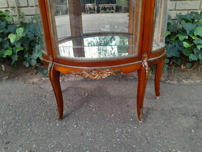 A Rare Near Pair of 20th Century French Style Vitrine / Display Demi Lune Cabinets With Brass Gal...