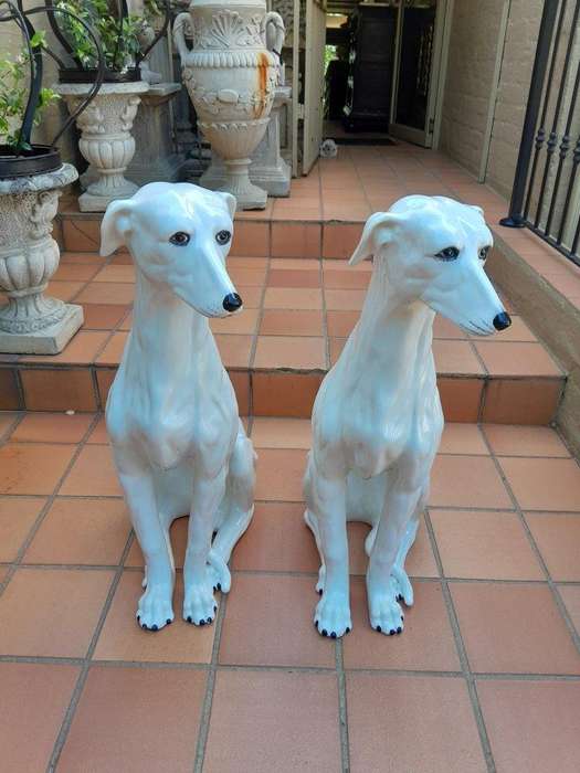 A 20TH Century Circa 1950s Pair of Large Signed White Ceramic Greyhound Dogs Signed with Initia...