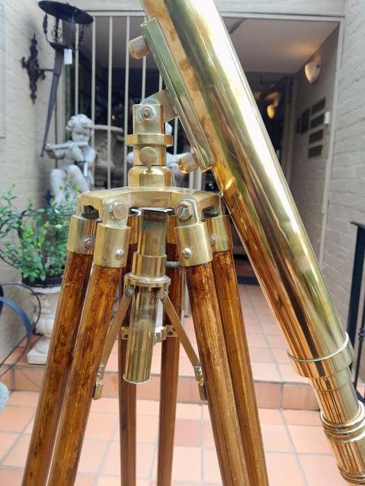 A 20th Century Brass Telescope on Brass and Wood Tripod Stand