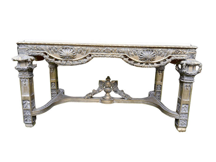 A 20th Century French Style Ornately Carved and Gilded Entrance / Console / Drinks Table with Cre...