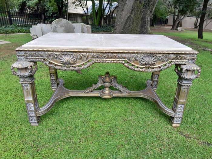 A 20th Century French Style Ornately Carved and Gilded Entrance / Console / Drinks Table with Cre...
