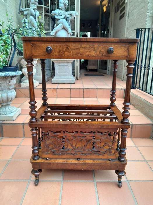 An Antique Mid 19th Century Victorian Burr Walnut Canterbury with Gallery and on Castors