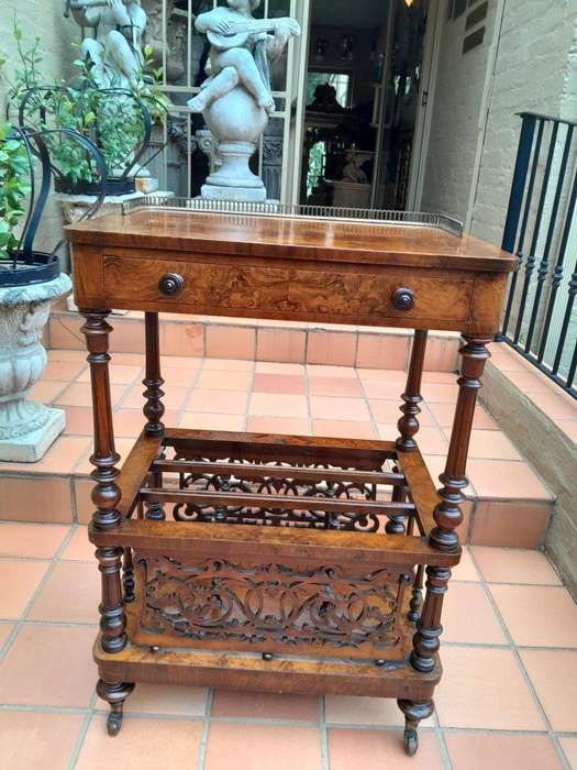 An Antique Mid 19th Century Victorian Burr Walnut Canterbury with Gallery and on Castors