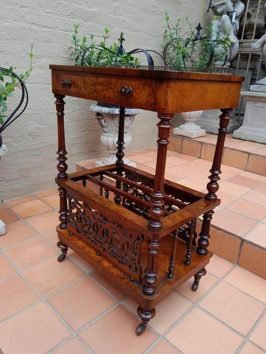 An Antique Mid 19th Century Victorian Burr Walnut Canterbury with Gallery and on Castors