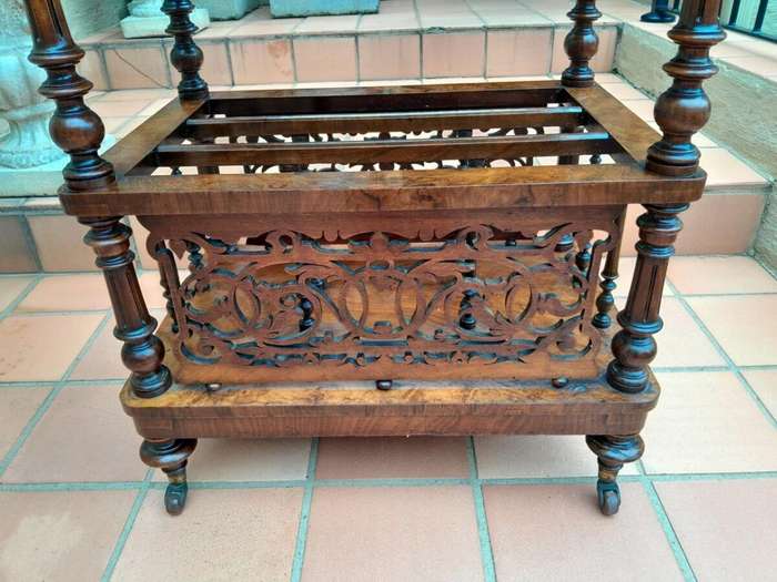 An Antique Mid 19th Century Victorian Burr Walnut Canterbury with Gallery and on Castors