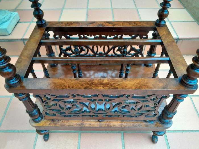 An Antique Mid 19th Century Victorian Burr Walnut Canterbury with Gallery and on Castors