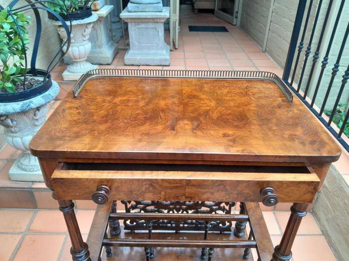 An Antique Mid 19th Century Victorian Burr Walnut Canterbury with Gallery and on Castors