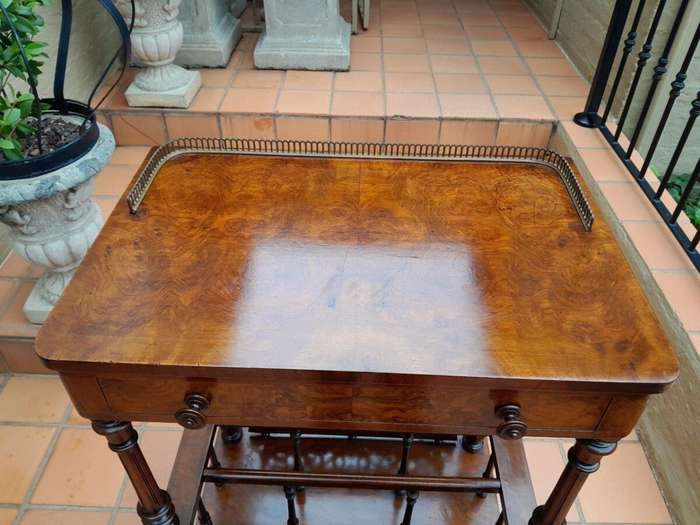 An Antique Mid 19th Century Victorian Burr Walnut Canterbury with Gallery and on Castors