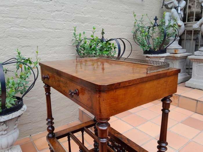 An Antique Mid 19th Century Victorian Burr Walnut Canterbury with Gallery and on Castors