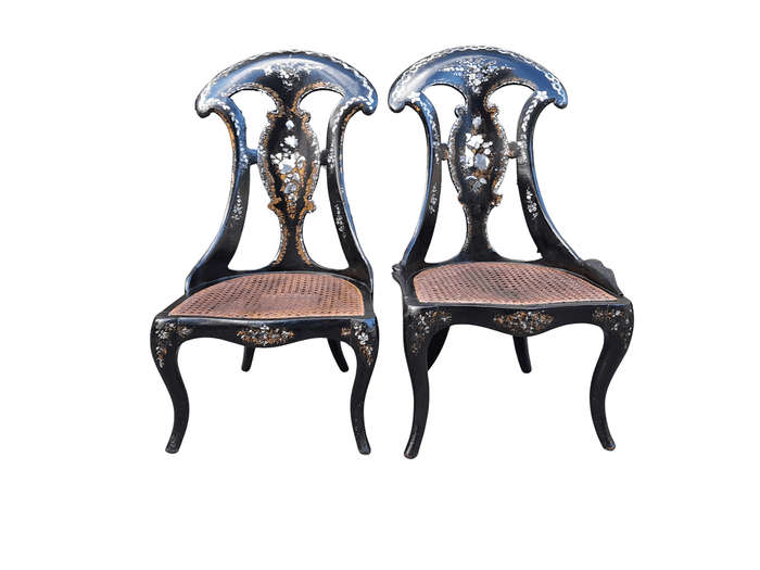 An Exceptionally Rare Pair of Antique Victorian Circa 1850s Mother Of Pearl Statement Chairs wi...