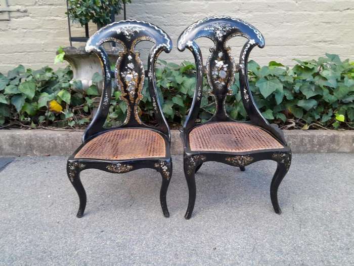 An Exceptionally Rare Pair of Antique Victorian Circa 1850s Mother Of Pearl Statement Chairs wi...