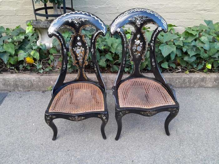 An Exceptionally Rare Pair of Antique Victorian Circa 1850s Mother Of Pearl Statement Chairs wi...
