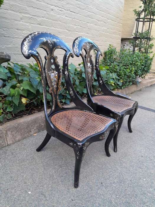 An Exceptionally Rare Pair of Antique Victorian Circa 1850s Mother Of Pearl Statement Chairs wi...