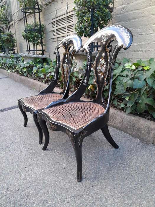 An Exceptionally Rare Pair of Antique Victorian Circa 1850s Mother Of Pearl Statement Chairs wi...