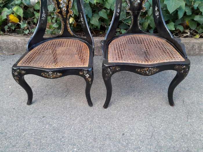 An Exceptionally Rare Pair of Antique Victorian Circa 1850s Mother Of Pearl Statement Chairs wi...