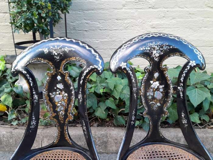 An Exceptionally Rare Pair of Antique Victorian Circa 1850s Mother Of Pearl Statement Chairs wi...