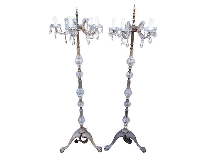 A 20th Century Pair of Crystal and Brass Floor Standing Chandeliers ND
