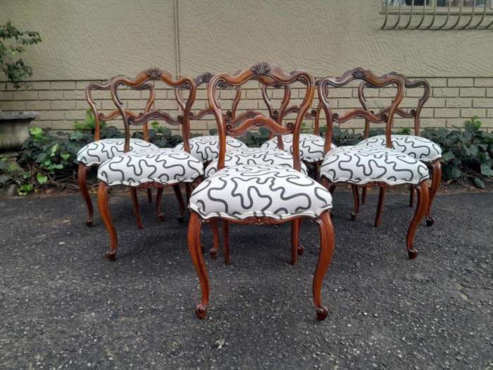 An Antique Victorian Circa 1880s Exceptional Set Of Eight  Carved  Walnut Dining Chairs Upholst...
