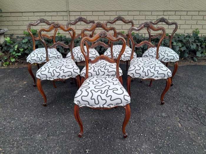 An Antique Victorian Circa 1880s Exceptional Set Of Eight  Carved  Walnut Dining Chairs Upholst...