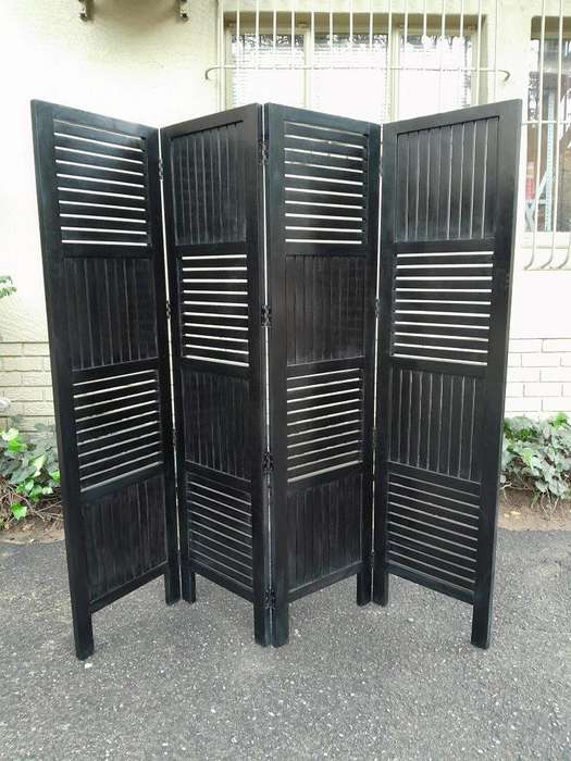 A 20th Century 4-Panel Contemporary Darkened Wooden  /  Black Floor Screen  /  Room Divider