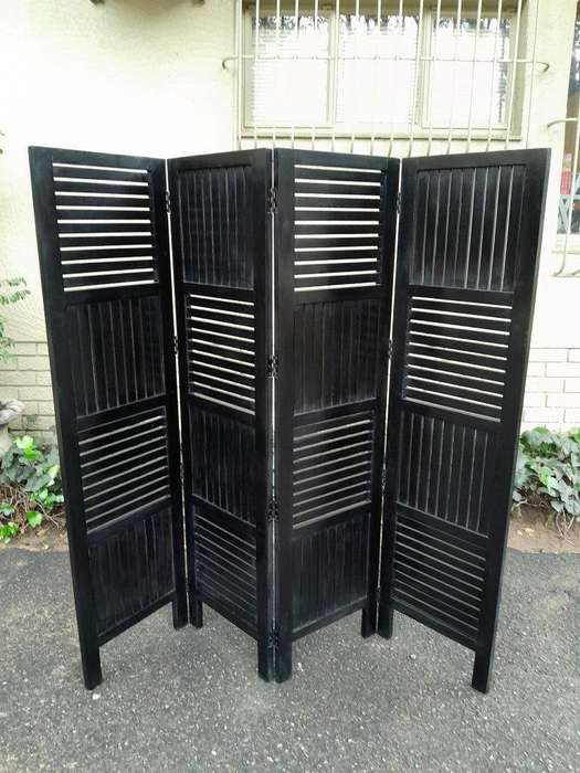 A 20th Century 4-Panel Contemporary Darkened Wooden  /  Black Floor Screen  /  Room Divider