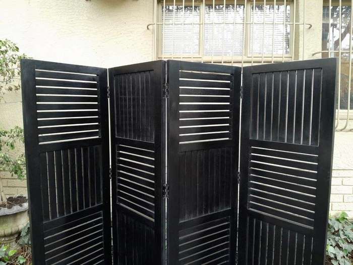 A 20th Century 4-Panel Contemporary Darkened Wooden  /  Black Floor Screen  /  Room Divider