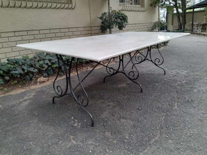 A French Style Custom-Made Wrought Iron Dining Table With Cream Marble Top