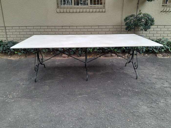 A French Style Custom-Made Wrought Iron Dining Table With Cream Marble Top