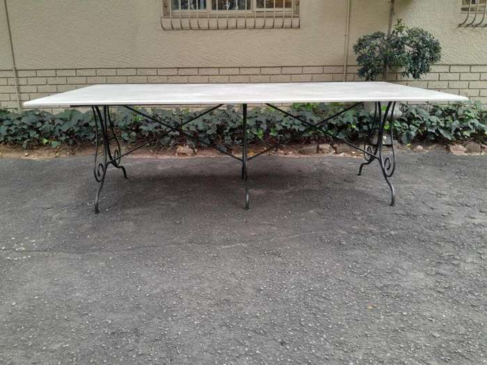 A French Style Custom-Made Wrought Iron Dining Table With Cream Marble Top