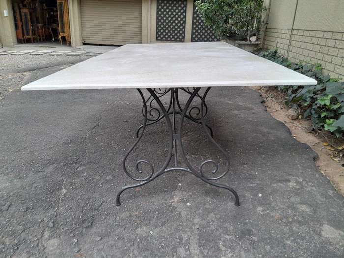 A French Style Custom-Made Wrought Iron Dining Table With Cream Marble Top