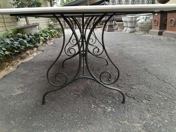 A French Style Custom-Made Wrought Iron Dining Table With Cream Marble Top